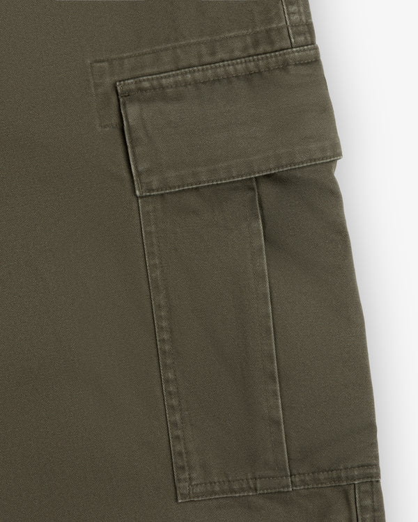 Close-up of a Fatigue Pant’s olive green cargo pocket, featuring a flap and visible stitching details.