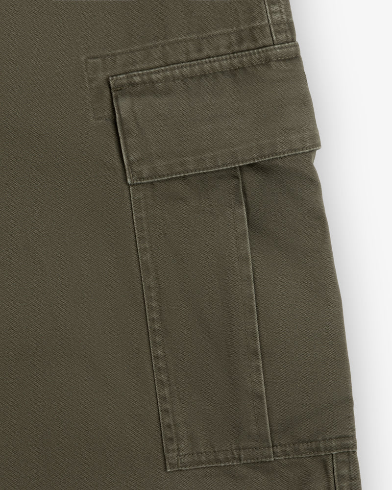 Close-up of a Fatigue Pant’s olive green cargo pocket, featuring a flap and visible stitching details.