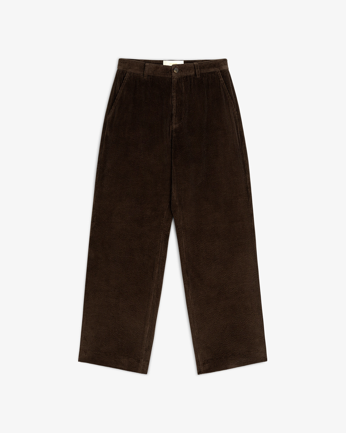 Dark brown wide-leg Corduroy Trouser with a button fly and side pockets.