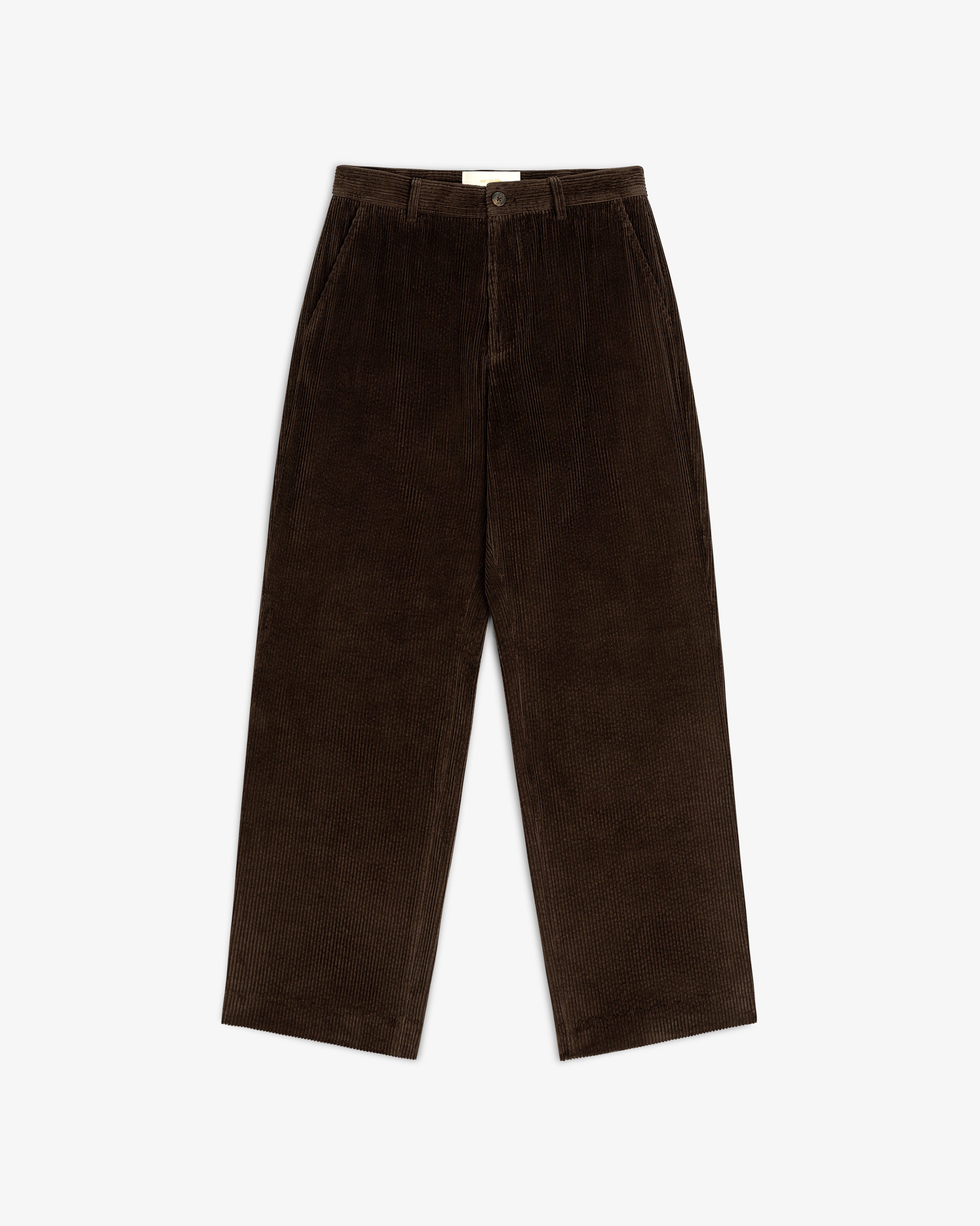 Dark brown wide-leg Corduroy Trouser with a button fly and side pockets.