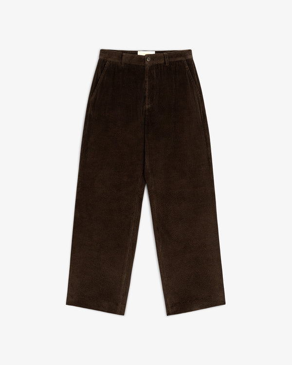 Dark brown wide-leg Corduroy Trouser with a button fly and side pockets.