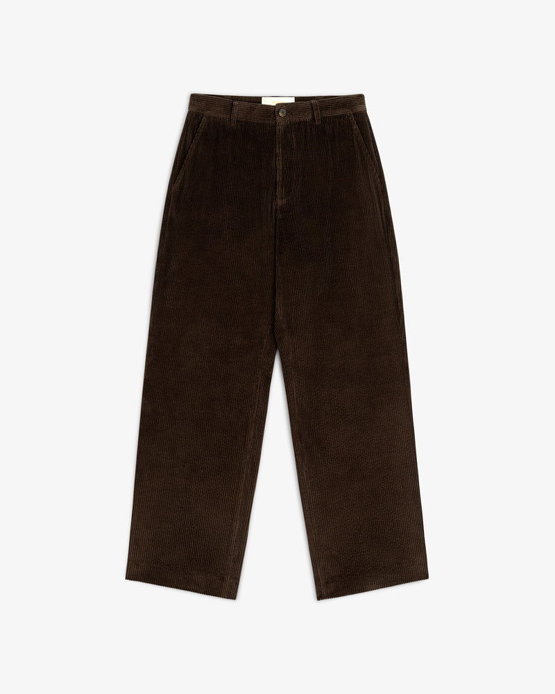 Dark brown wide-leg Corduroy Trouser with a button fly and side pockets.