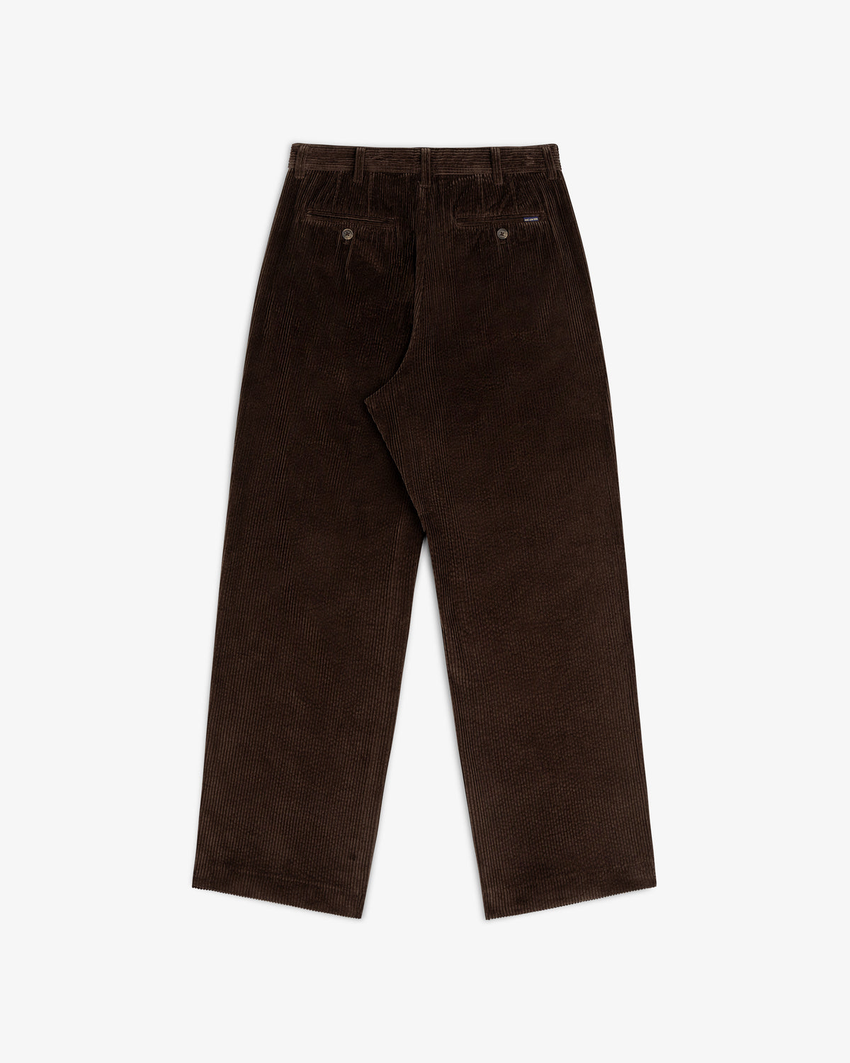Back view of dark brown Corduroy Trouser with two button-closure back pockets.