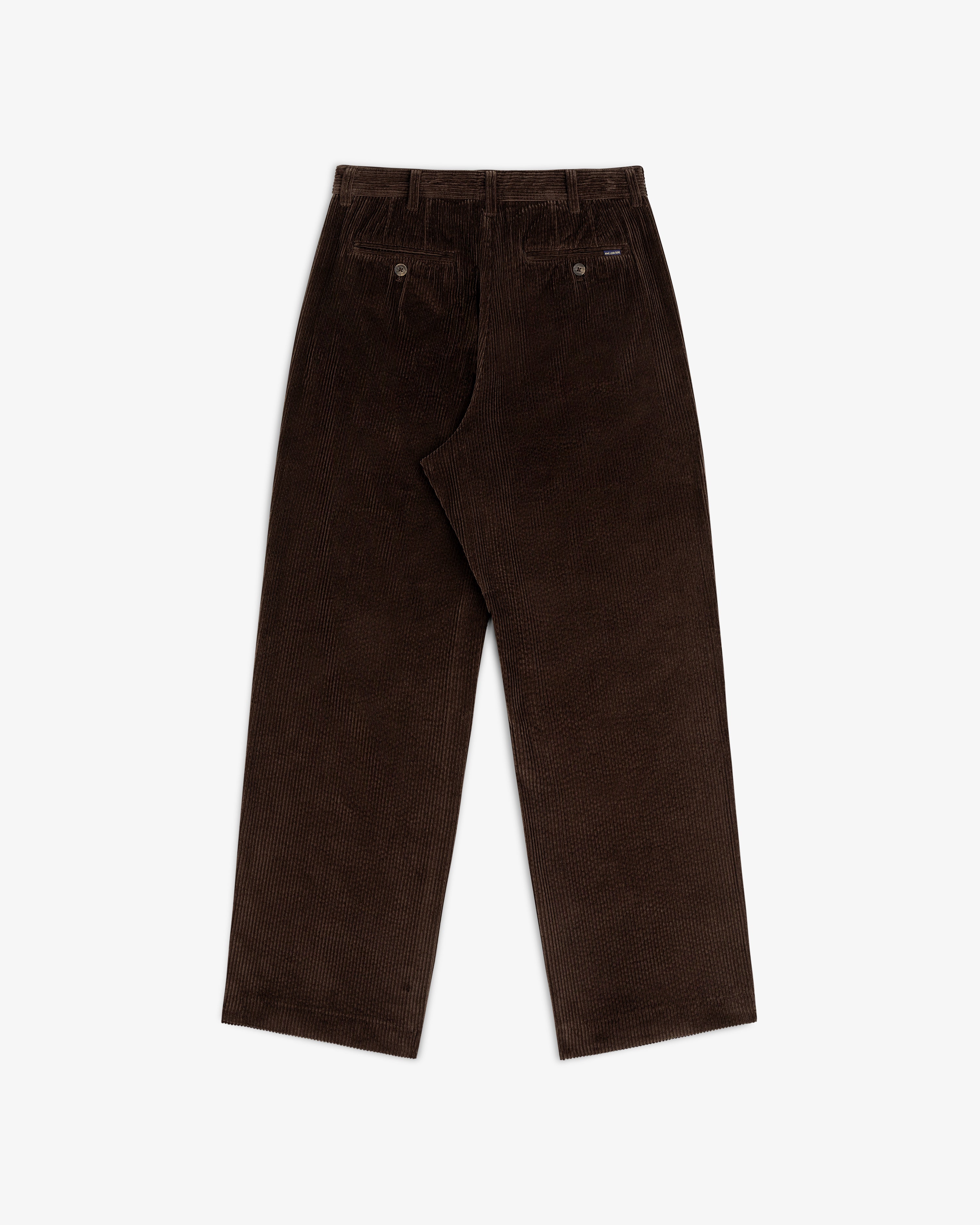 Back view of dark brown Corduroy Trouser with two button-closure back pockets.