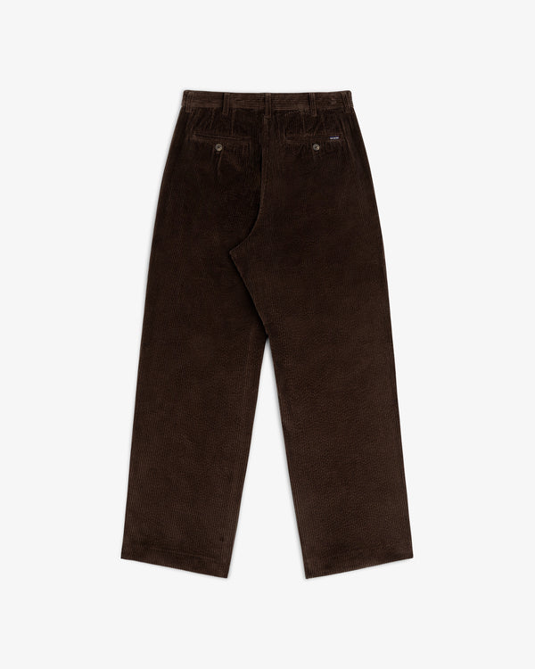 Back view of dark brown Corduroy Trouser with two button-closure back pockets.