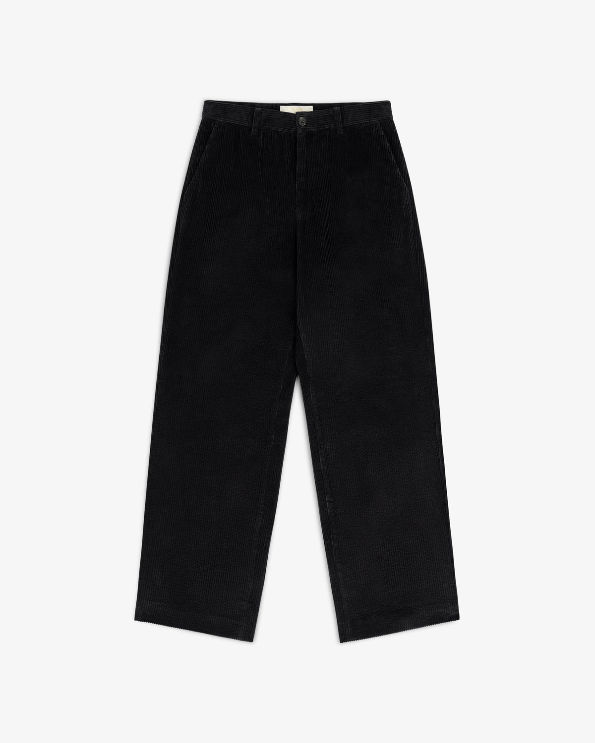 Black Corduroy Trouser with a straight-leg fit, button closure, and side pockets.