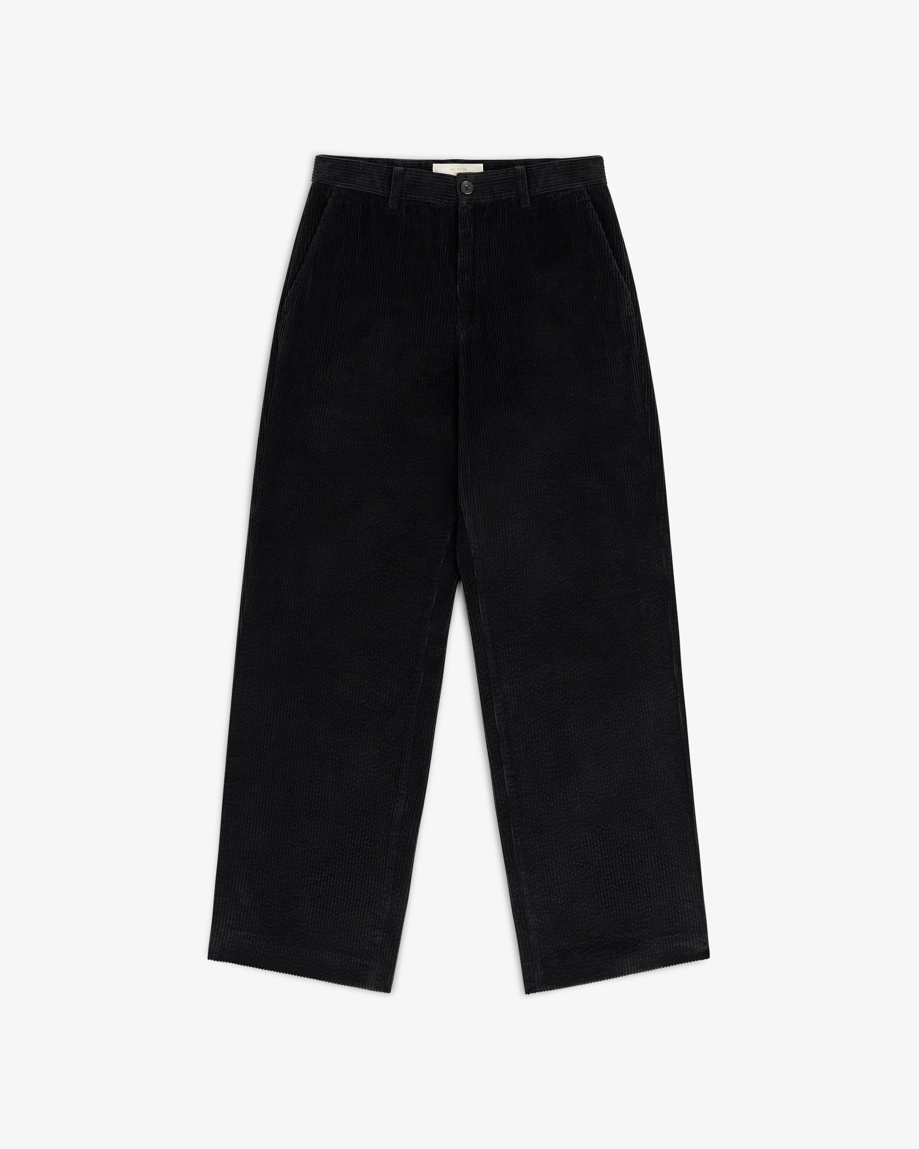 Black Corduroy Trouser with a straight-leg fit, button closure, and side pockets.