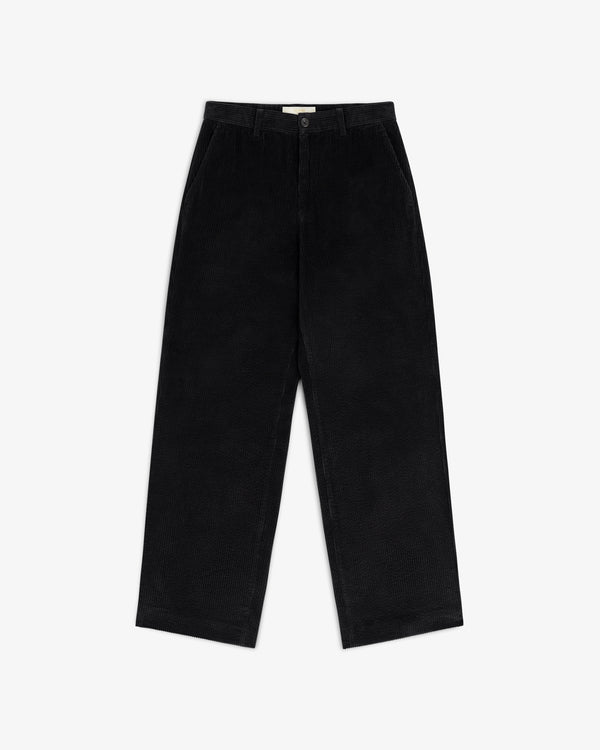 Black Corduroy Trouser with a straight-leg fit, button closure, and side pockets.