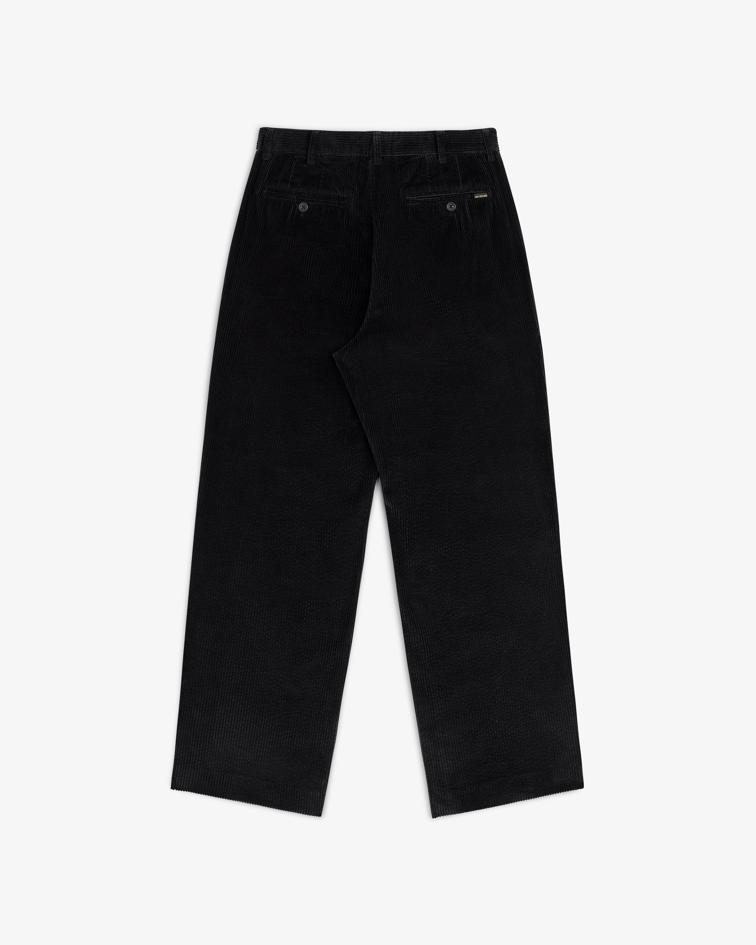 Back view of black Corduroy Trouser with two buttoned welt pockets.