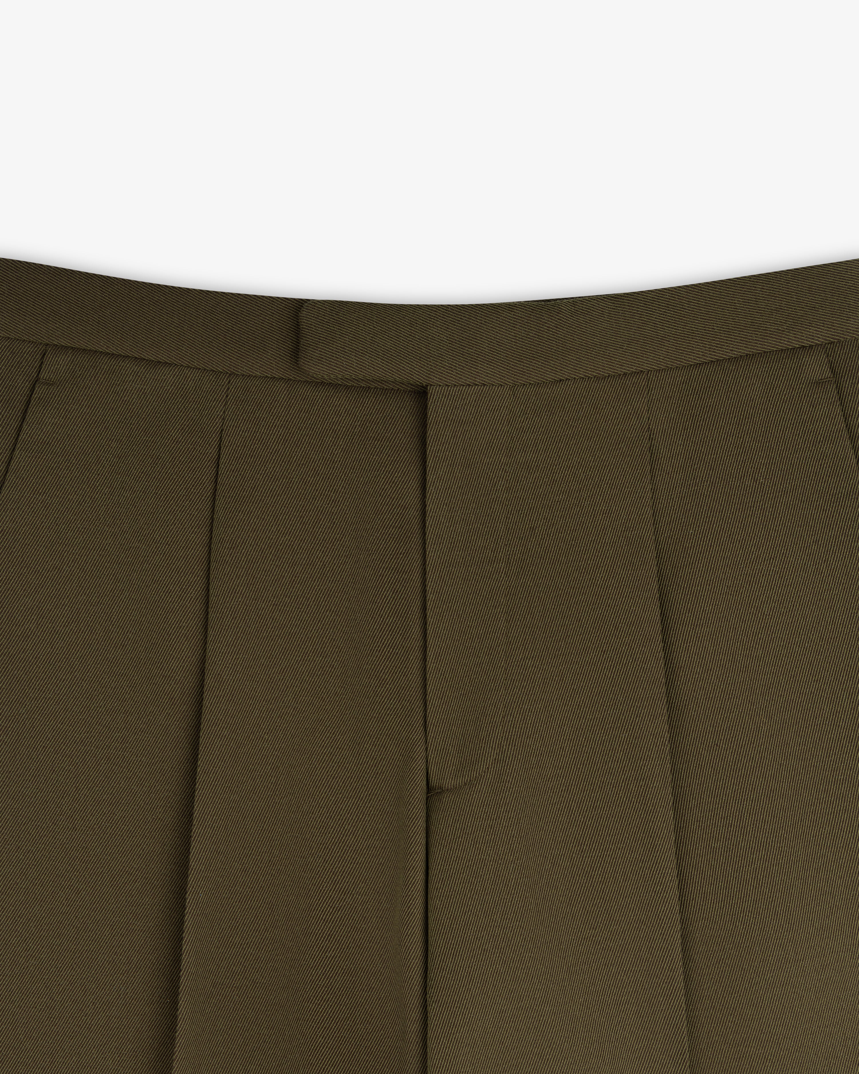 Olive green Wool Blend Suit Trouser with a tailored waistband and pleated front.