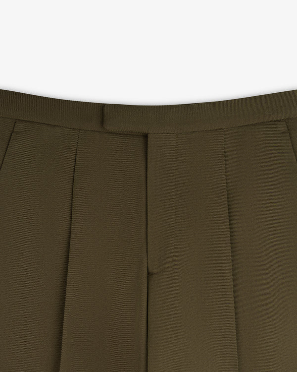 Olive green Wool Blend Suit Trouser with a tailored waistband and pleated front.