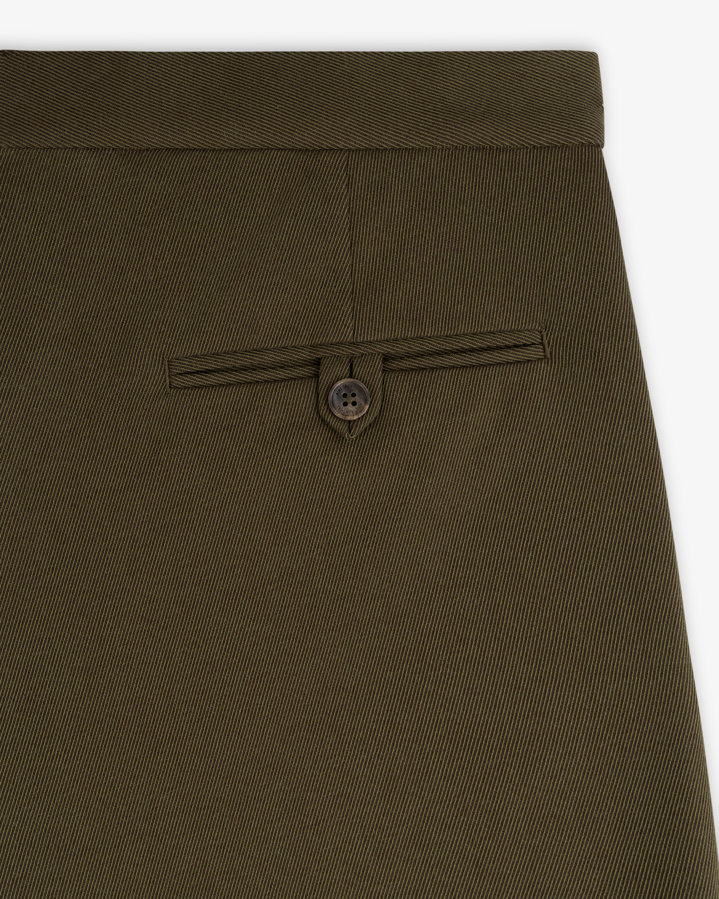 Olive green Wool Blend Suit Trouser featuring a single buttoned welt pocket on the back.