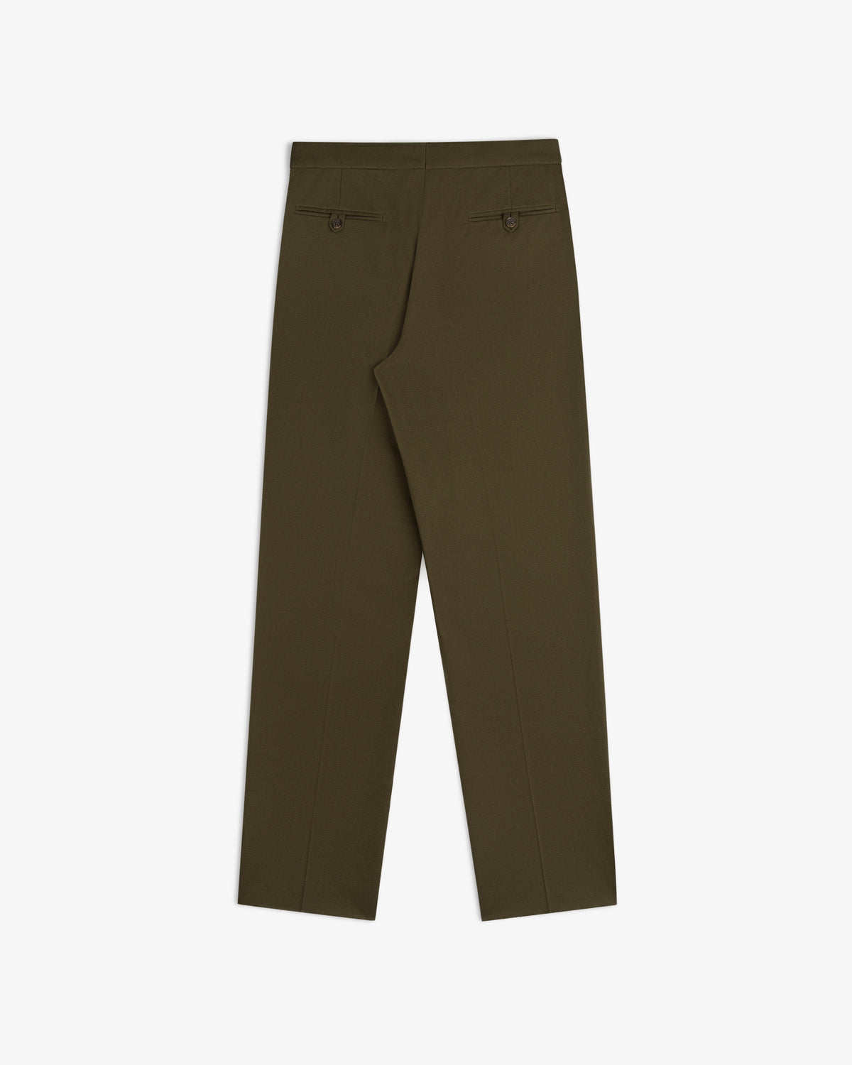 Back view of olive-green Wool Blend Suit Trouser featuring two buttoned welt pockets.