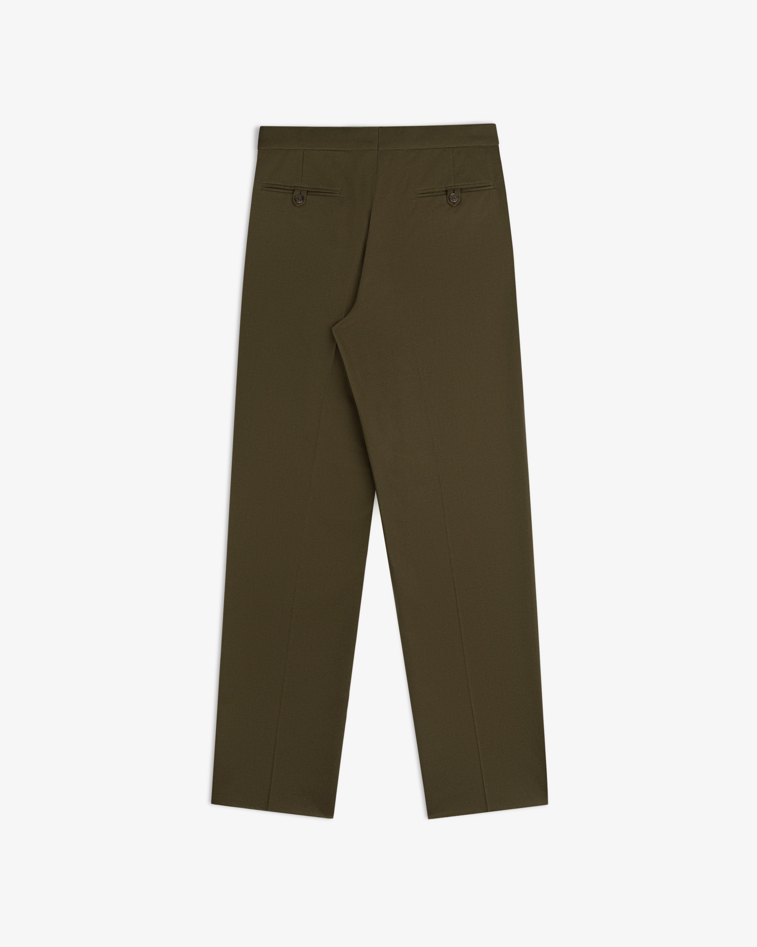 Back view of olive-green Wool Blend Suit Trouser featuring two buttoned welt pockets.