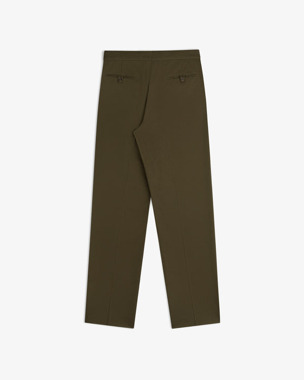 Back view of olive-green Wool Blend Suit Trouser featuring two buttoned welt pockets.
