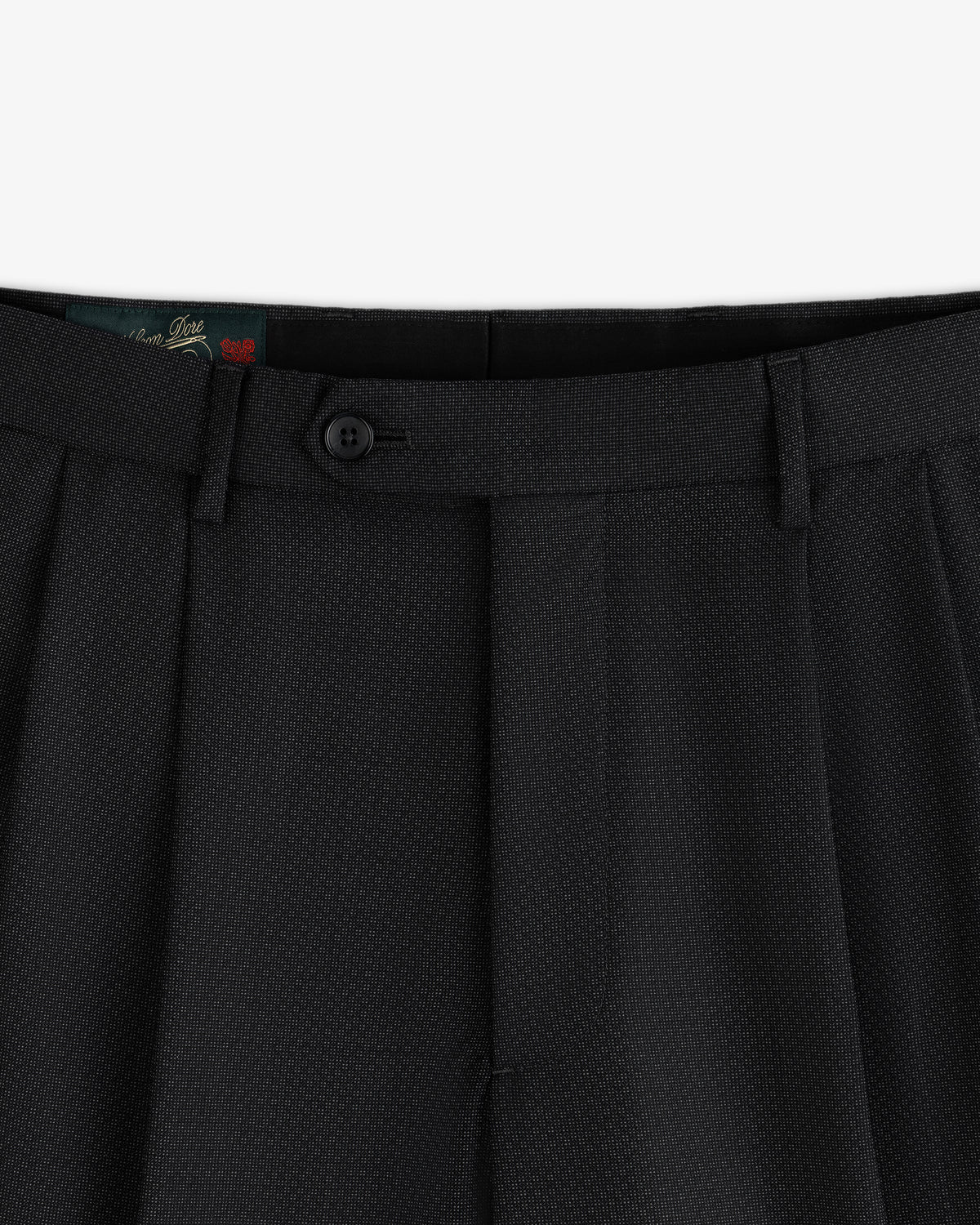 Dark grey Double Pleated Wool Jacquard Suit Trousers with a button closure and belt loops.