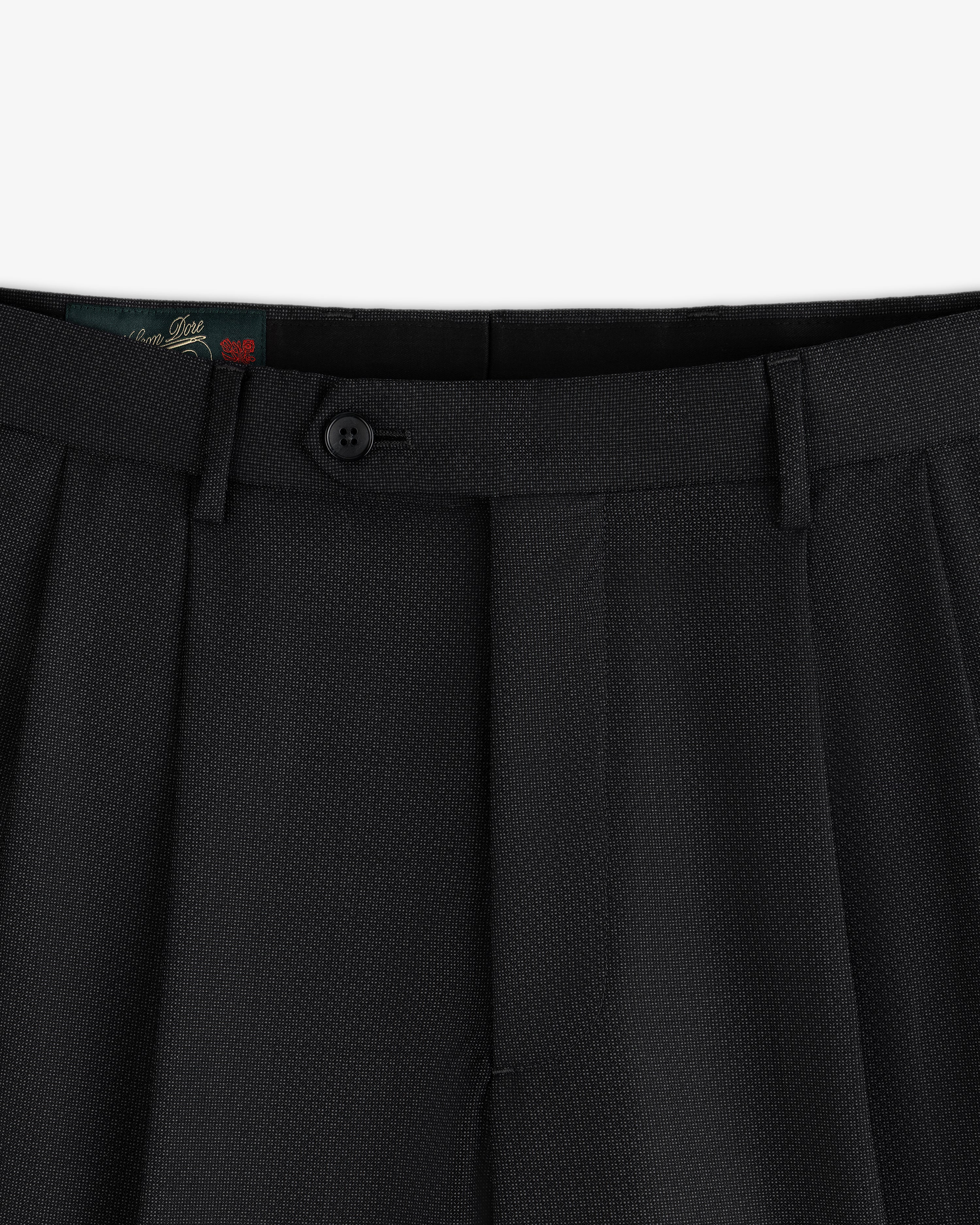 Dark grey Double Pleated Wool Jacquard Suit Trousers with a button closure and belt loops.