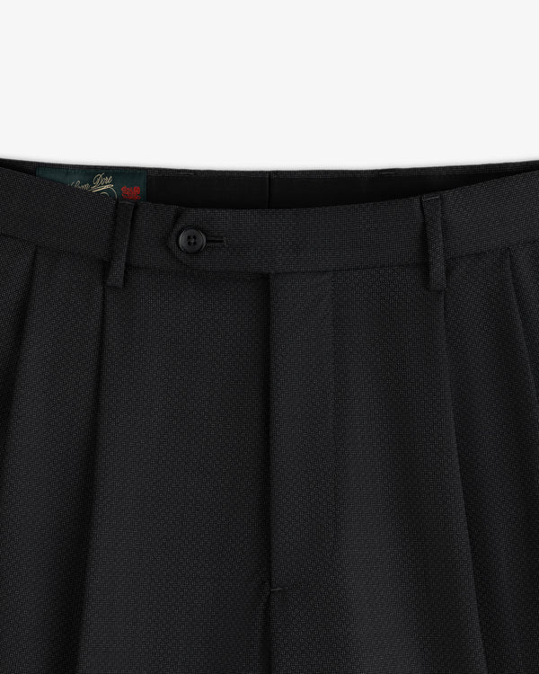 Dark grey Double Pleated Wool Jacquard Suit Trousers with a button closure and belt loops.