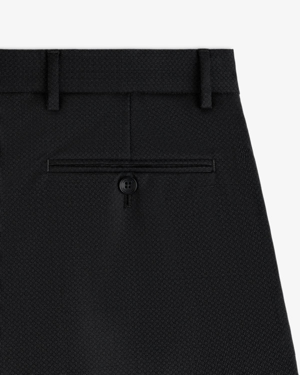 Dark grey Double Pleated Wool Jacquard Suit Trousers with a buttoned back pocket and belt loops.