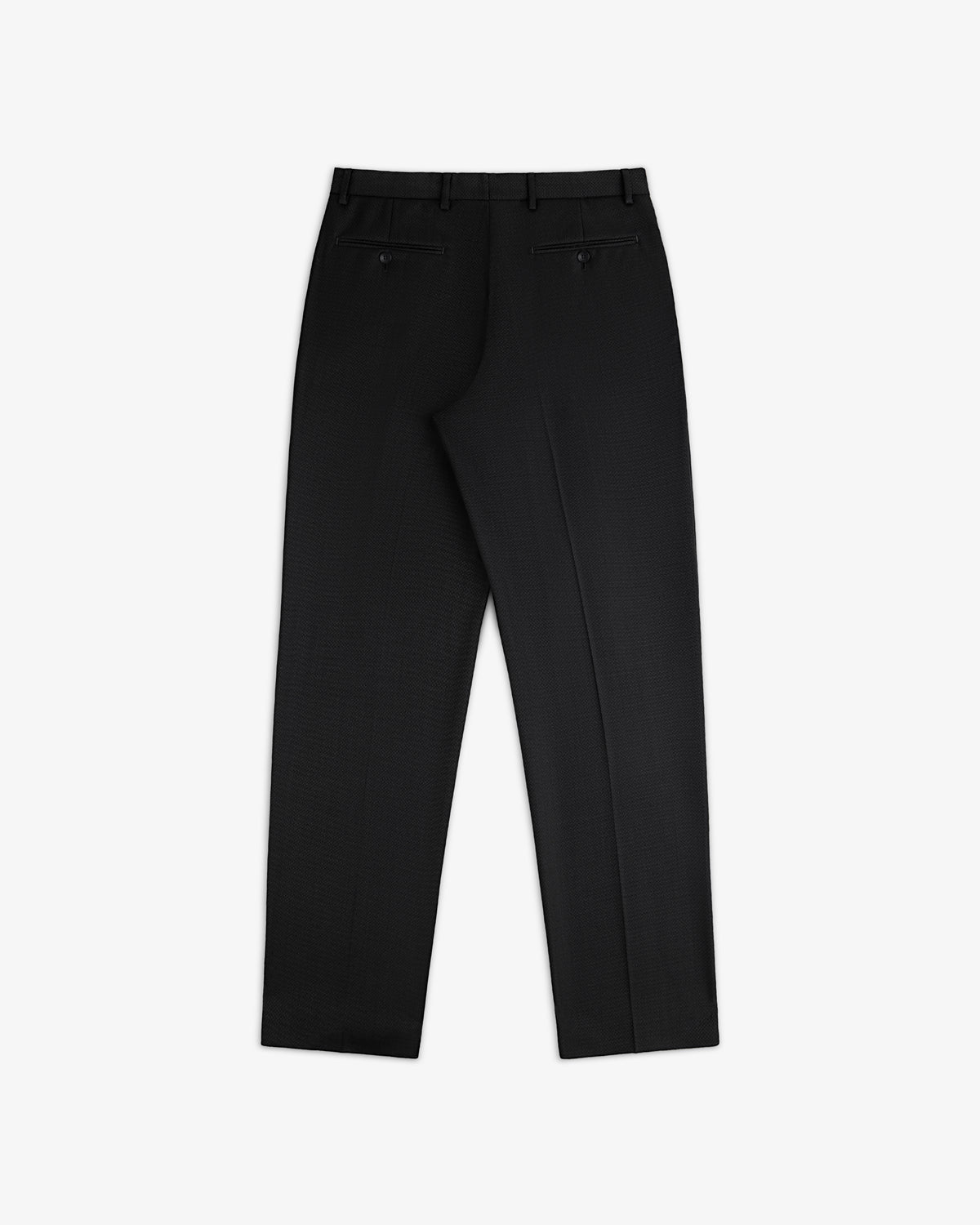 Back view of black Double Pleated Wool Jacquard Suit Trouser with a buttoned welt pocket.