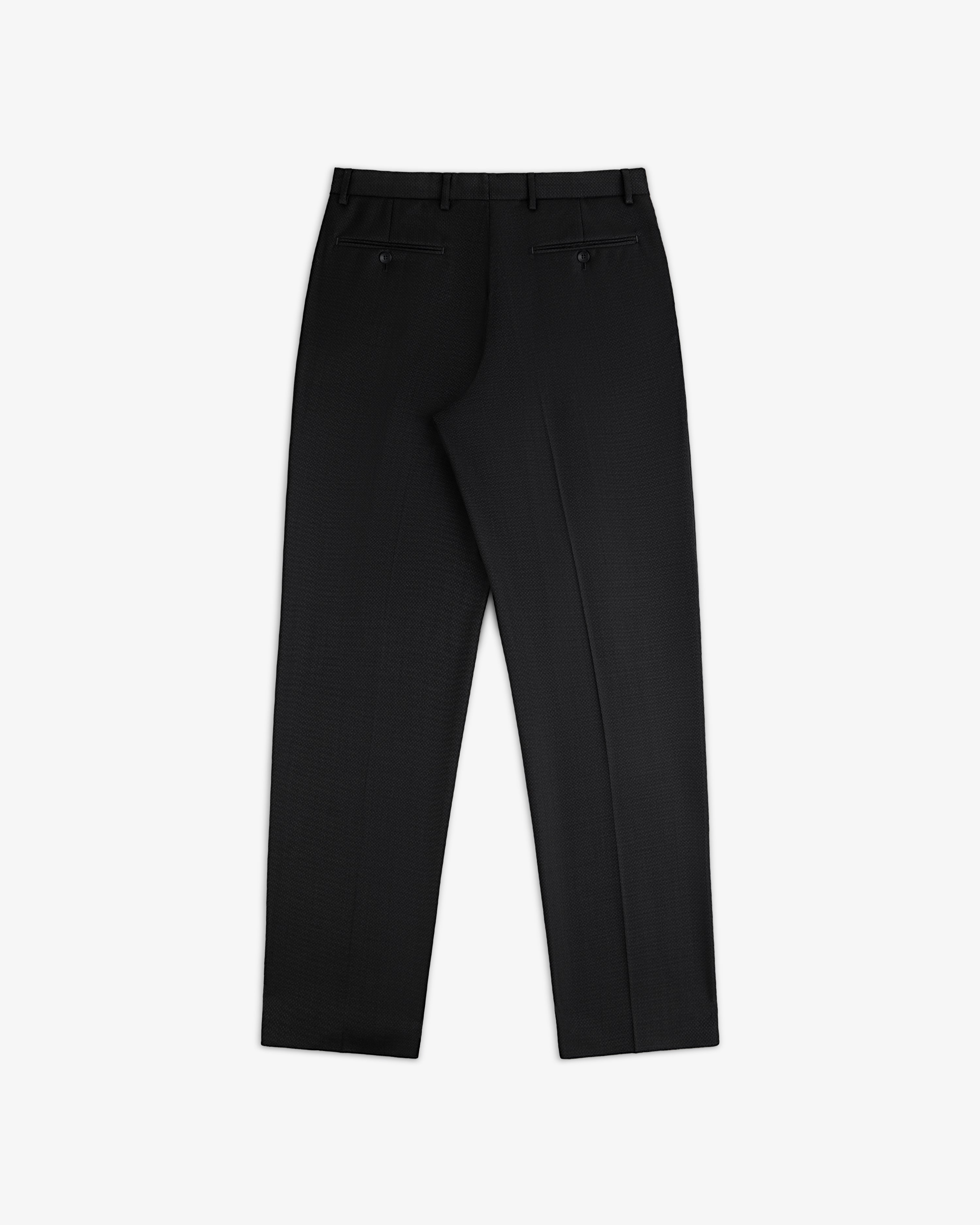 Back view of black Double Pleated Wool Jacquard Suit Trouser with a buttoned welt pocket.