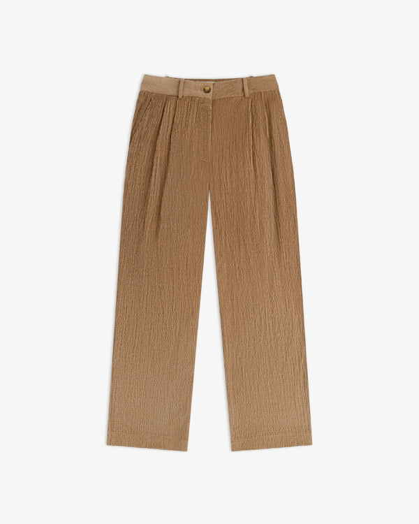 Double Pleated Corduroy Trouser in brown with a button closure.