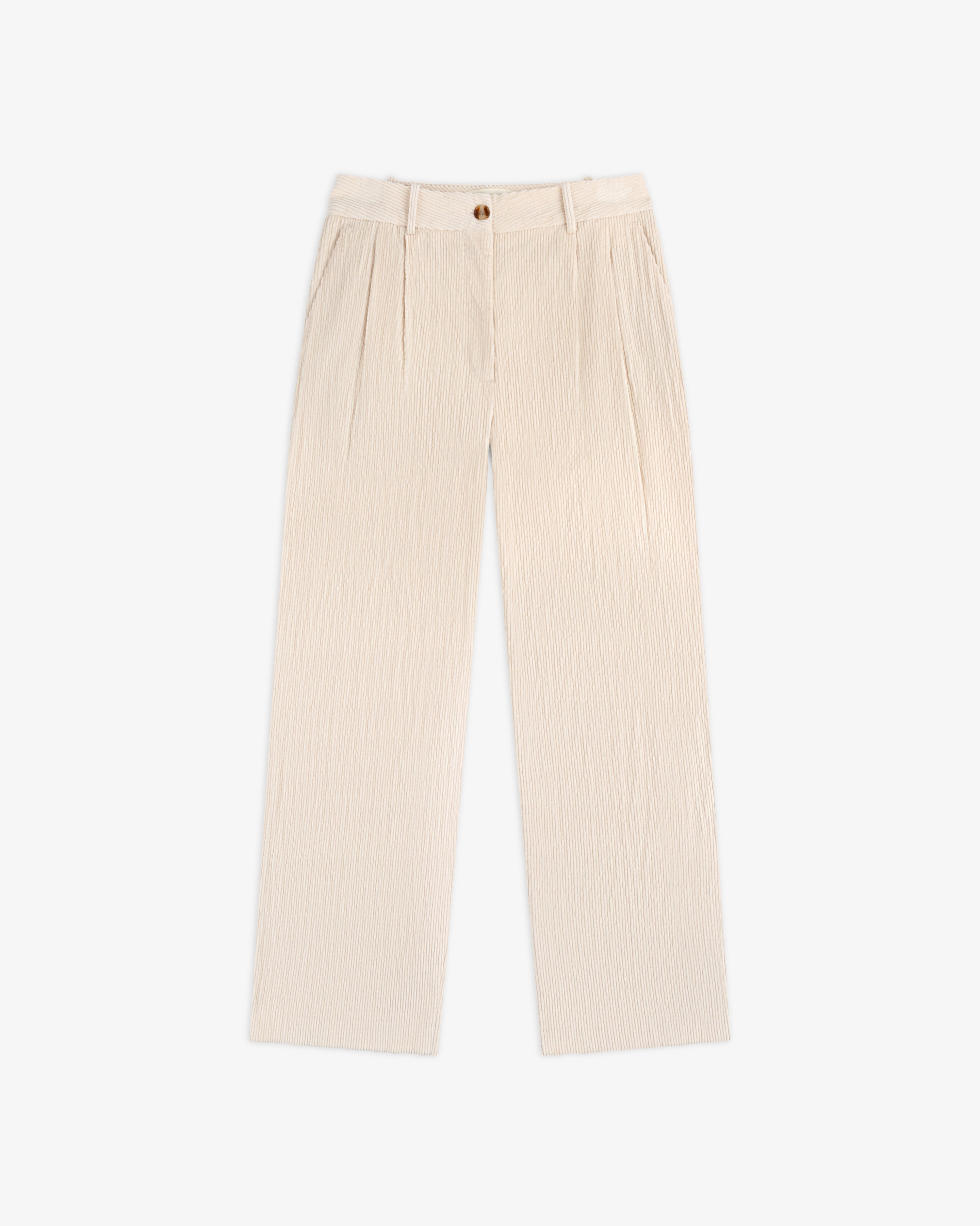Beige Double Pleated Corduroy Trouser with a wide-leg fit, front pleats, side pockets, and a button closure.