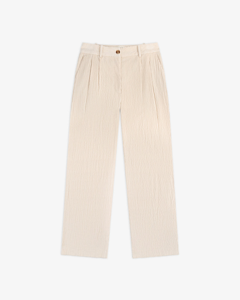 Beige Double Pleated Corduroy Trouser with a wide-leg fit, front pleats, side pockets, and a button closure.