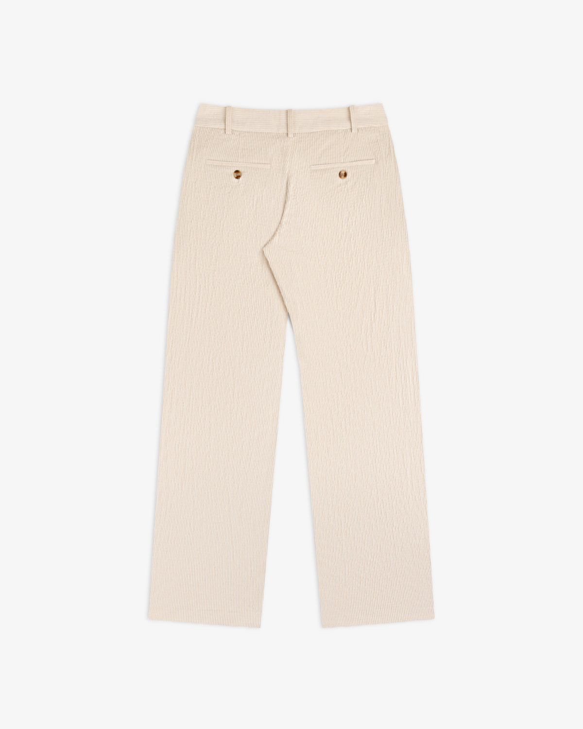 Back view of beige Double Pleated Corduroy Trouser featuring two buttoned welt pockets.