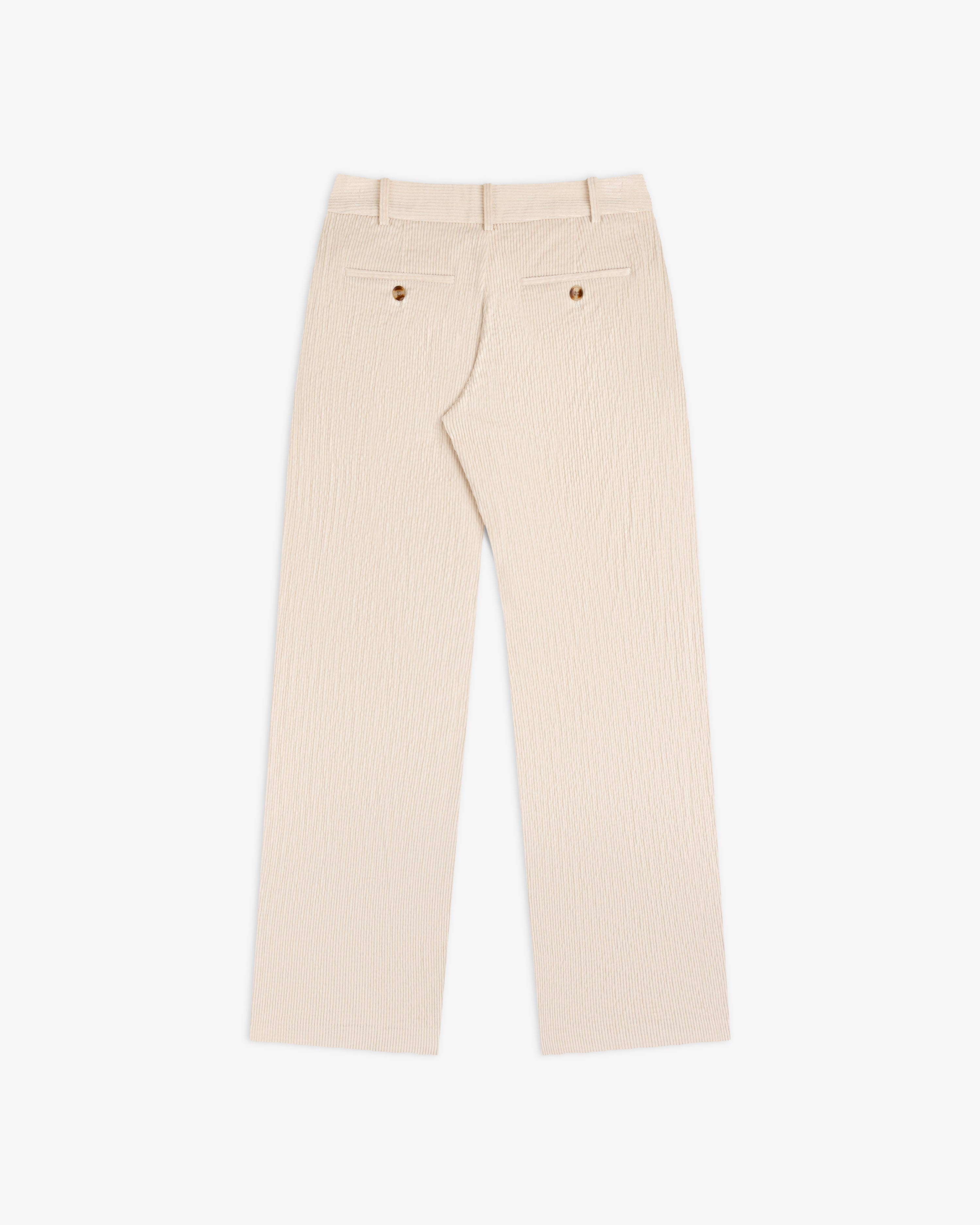 Back view of beige Double Pleated Corduroy Trouser featuring two buttoned welt pockets.