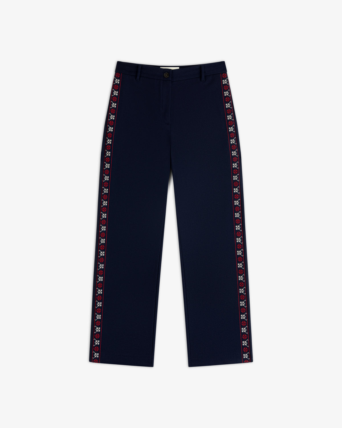 Mani Embroidered Wool Pant in navy blue with a decorative embroidered red and white geometric stripe down the outer seams.