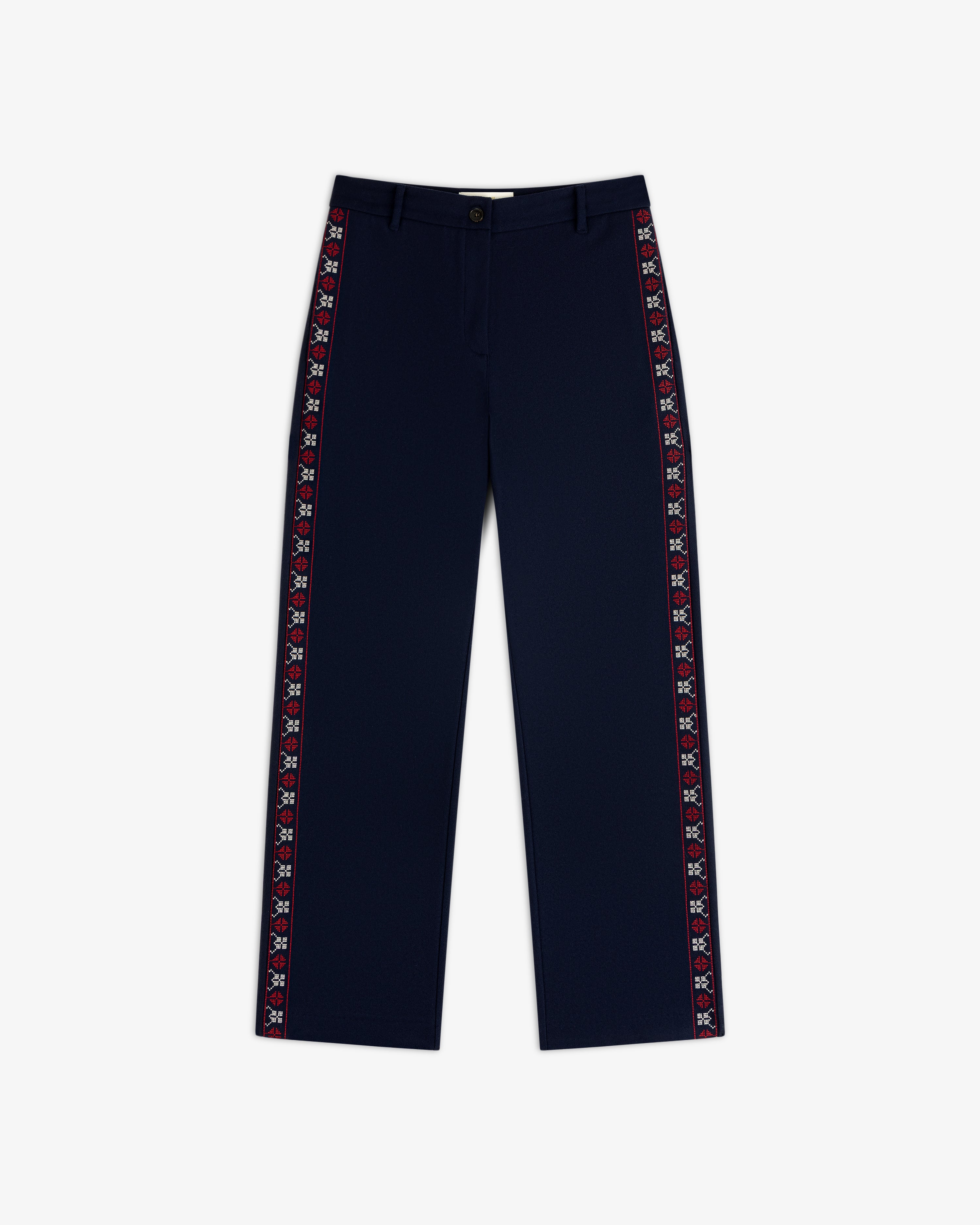 Mani Embroidered Wool Pant in navy blue with a decorative embroidered red and white geometric stripe down the outer seams.