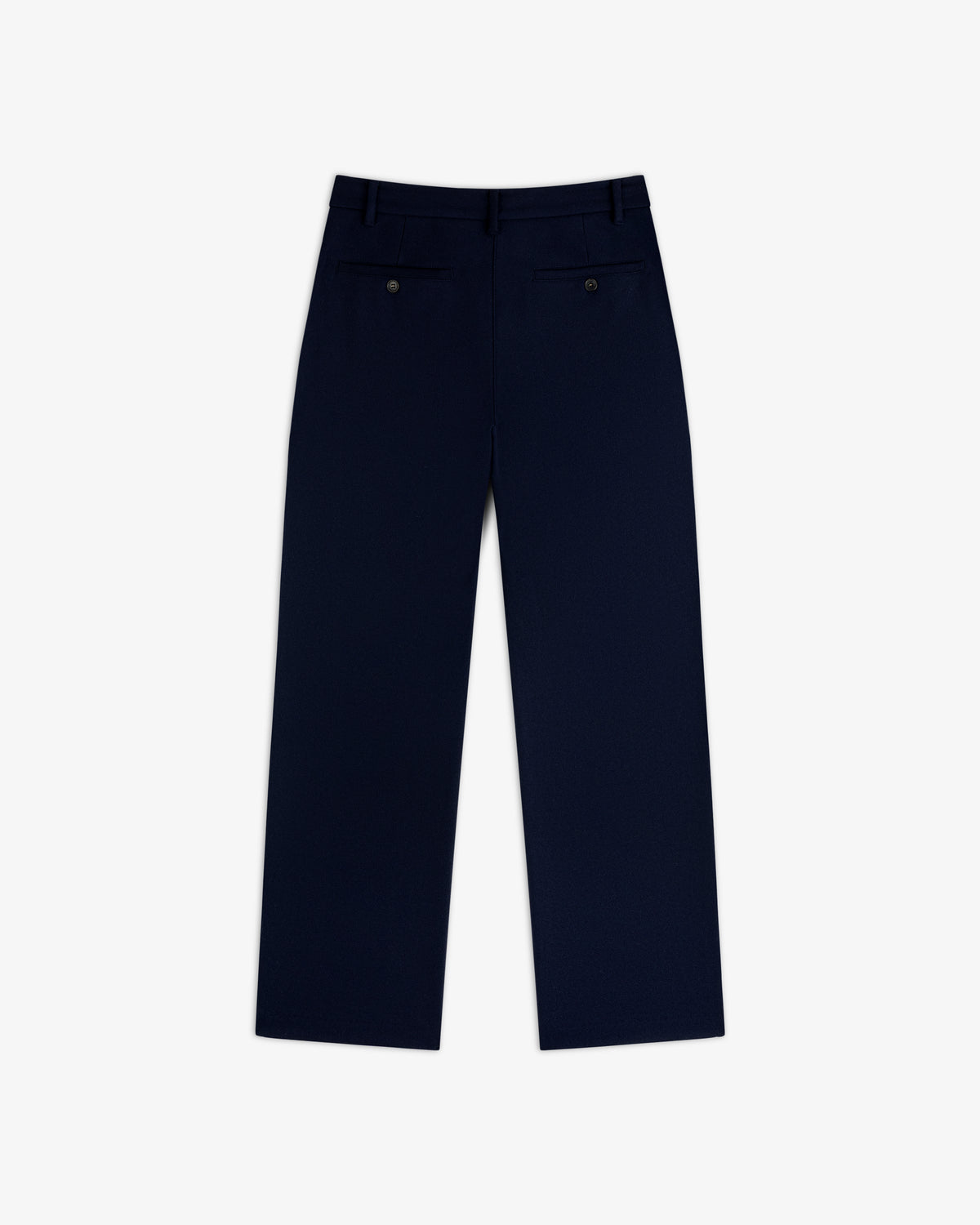 Back view of navy blue Mani Embroidered Wool Pant featuring two buttoned welt pockets.