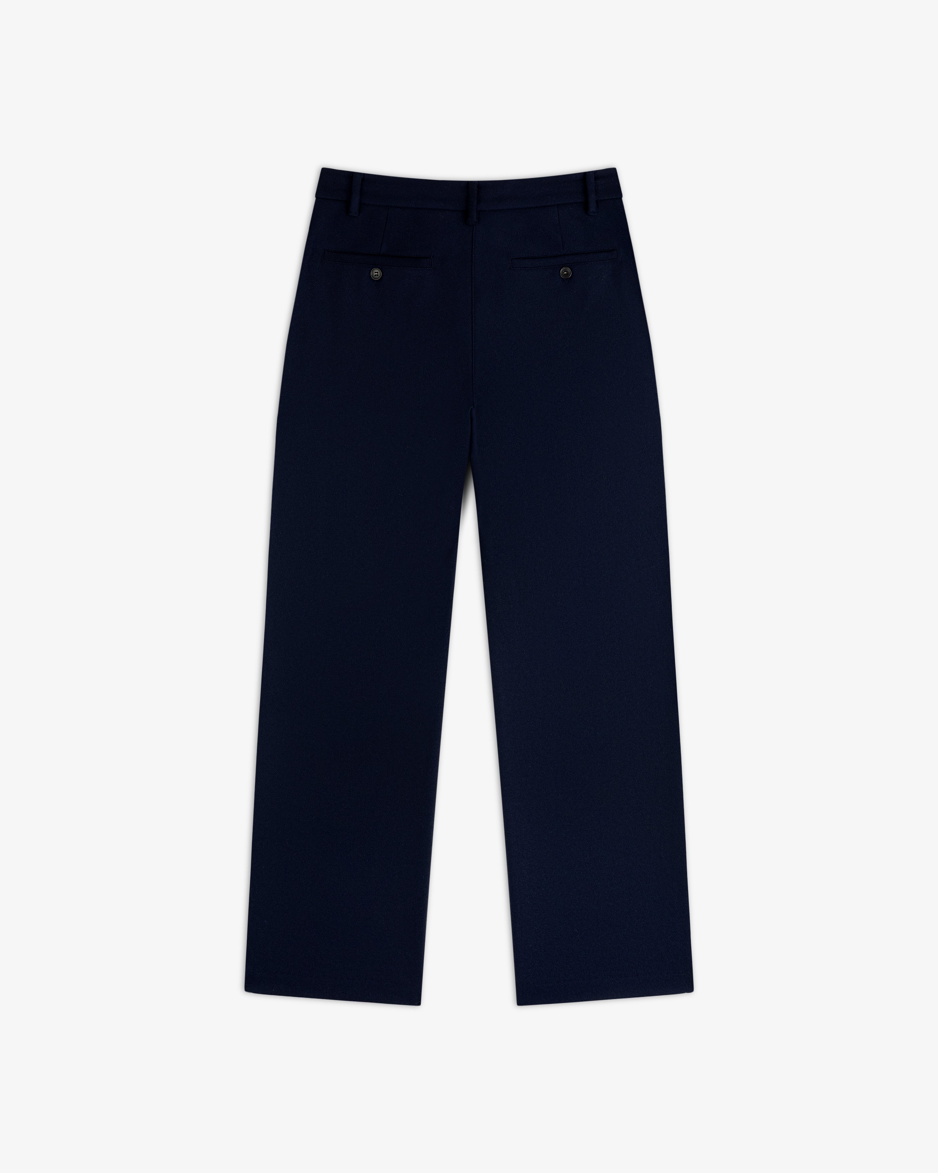 Back view of navy blue Mani Embroidered Wool Pant featuring two buttoned welt pockets.