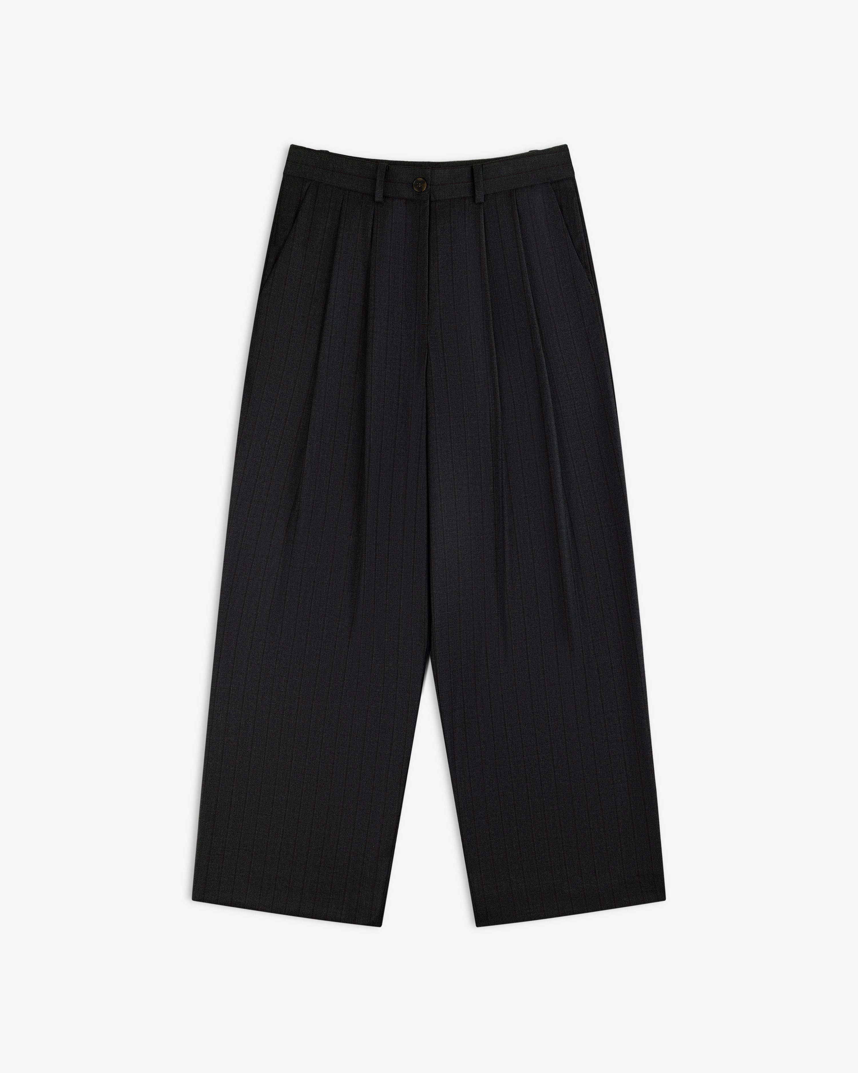 Striped Double Pleated Suiting Trouser in black, featuring a high-waisted fit, pinstripes, and double pleats.