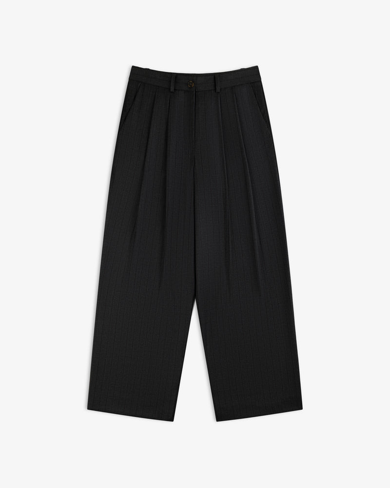 Striped Double Pleated Suiting Trouser in black, featuring a high-waisted fit, pinstripes, and double pleats.