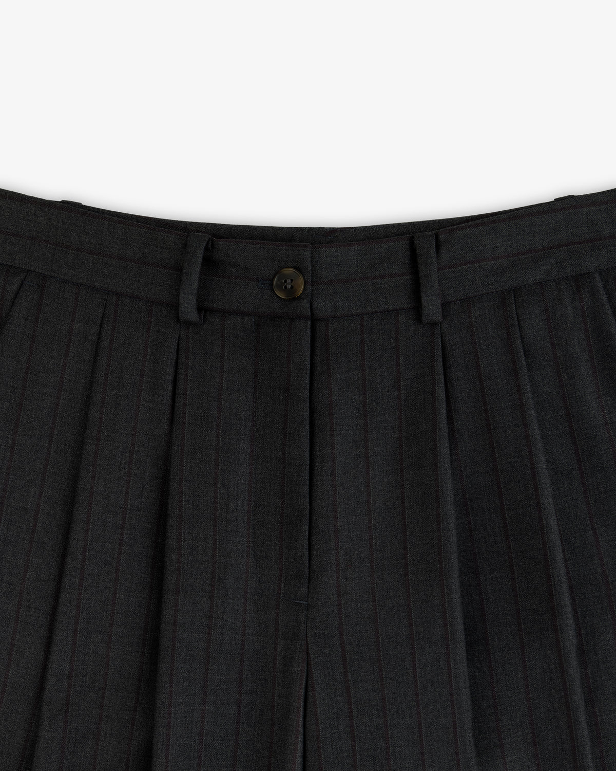 Striped Double Pleated Suiting Trousers in dark grey with a button closure and double front pleats.