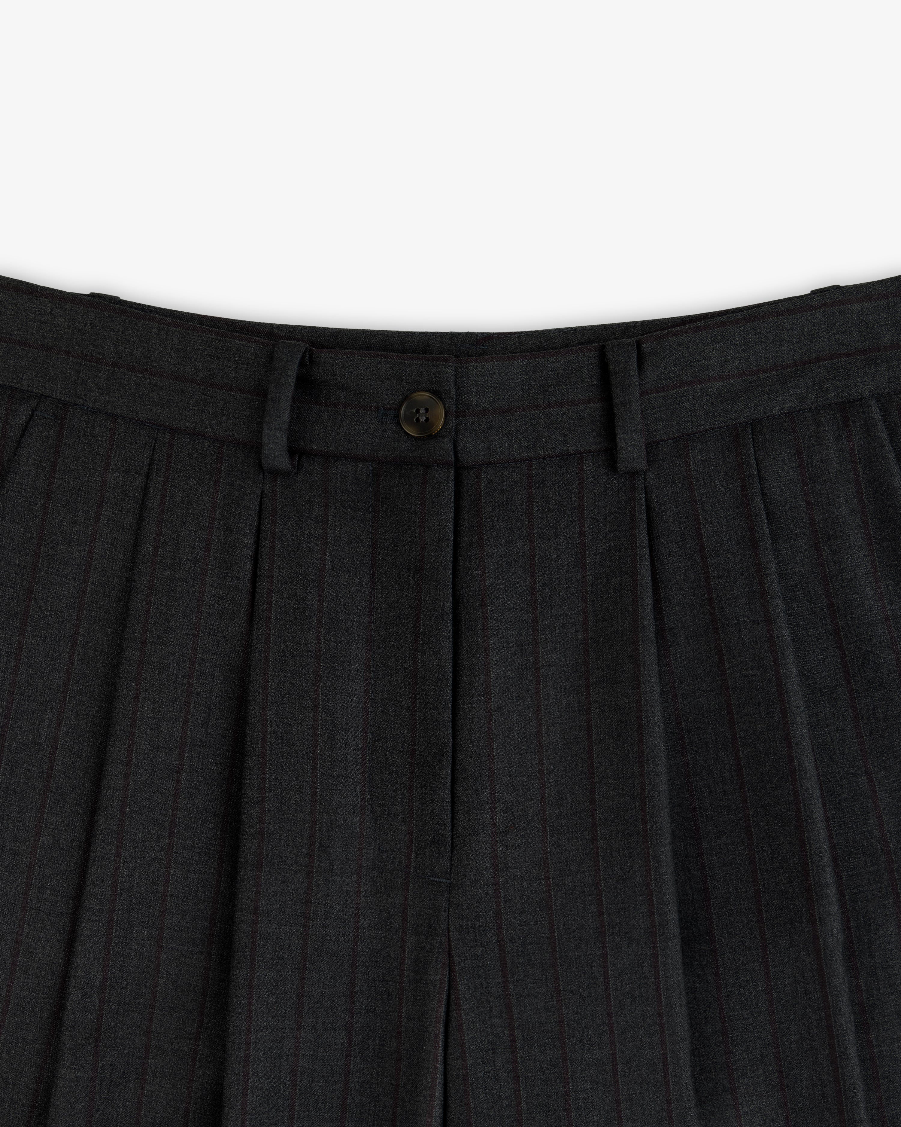 Striped Double Pleated Suiting Trousers in dark grey with a button closure and double front pleats.