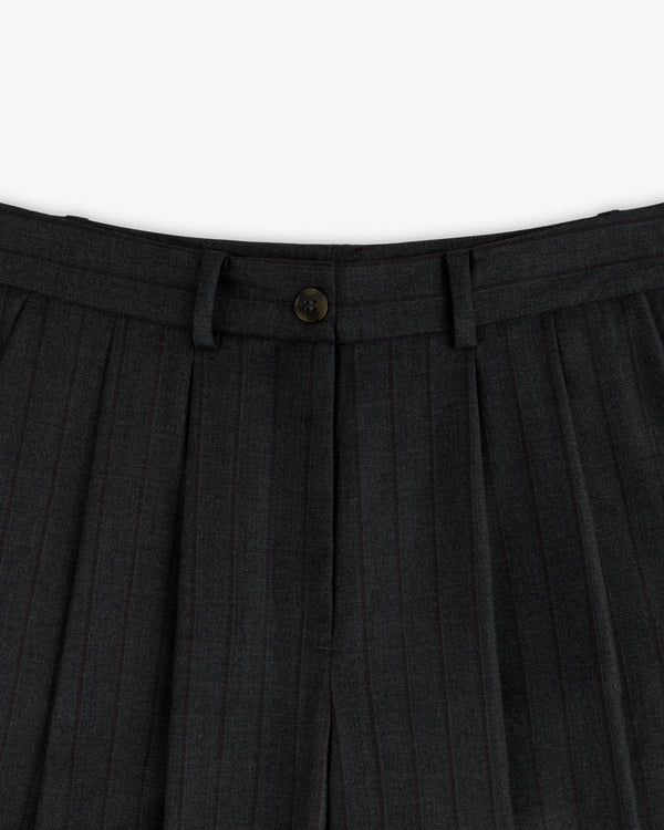 Striped Double Pleated Suiting Trousers in dark grey with a button closure and double front pleats.