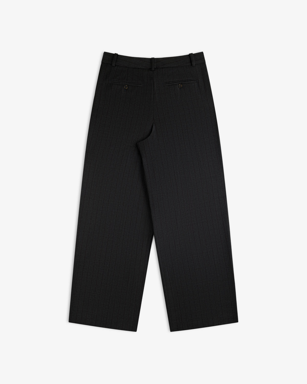 Back view of dark grey pinstriped Striped Double Pleated Suiting Trouser with double back pockets.