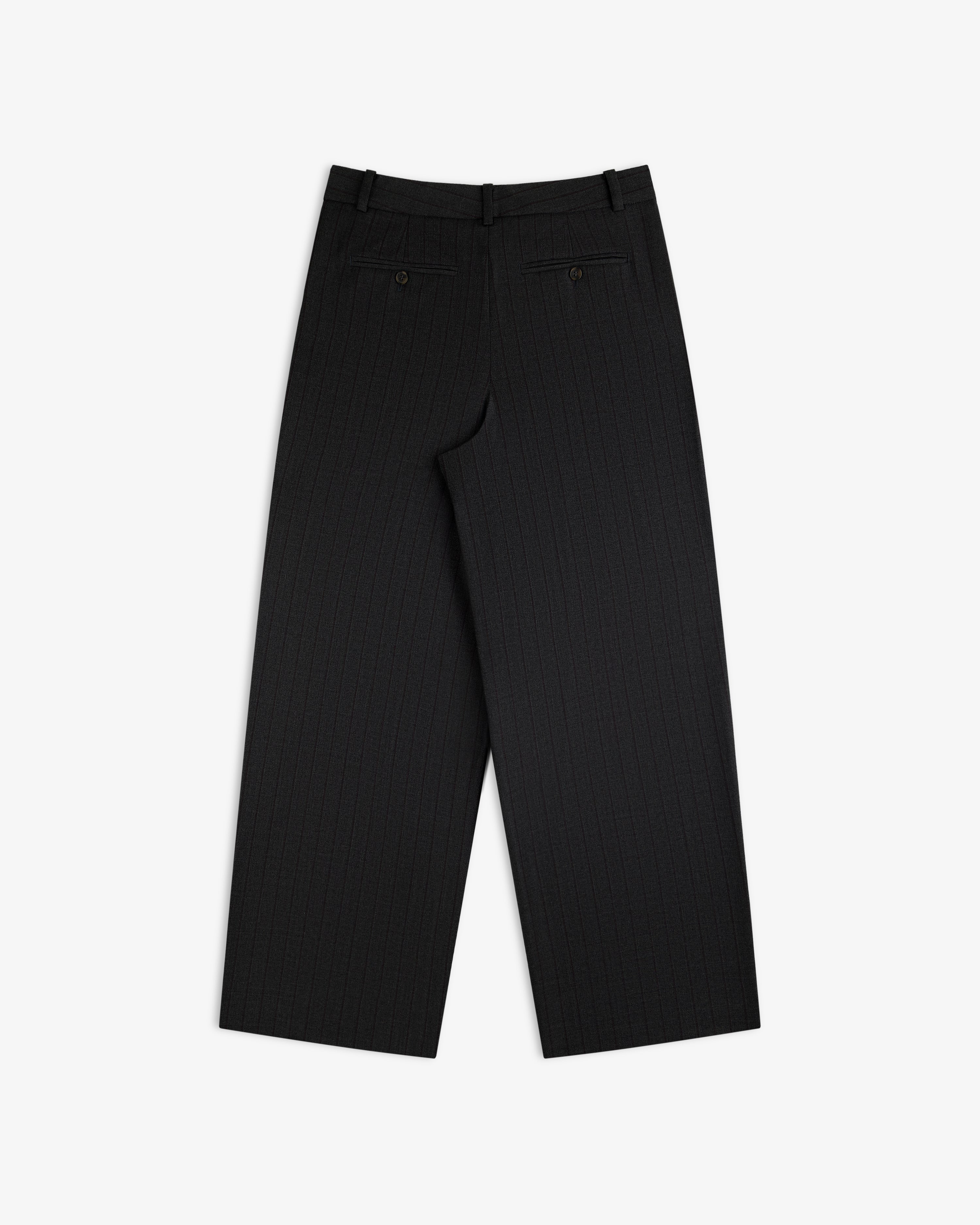Back view of dark grey pinstriped Striped Double Pleated Suiting Trouser with double back pockets.