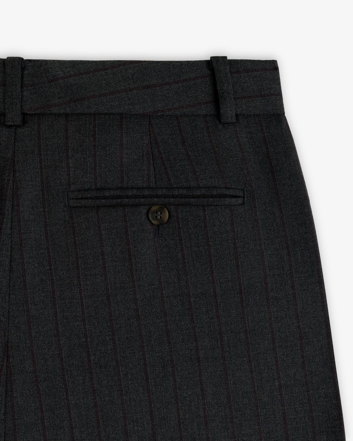 Striped Double Pleated Suiting Trouser in dark gray pinstripe with a single buttoned back pocket and belt loops.