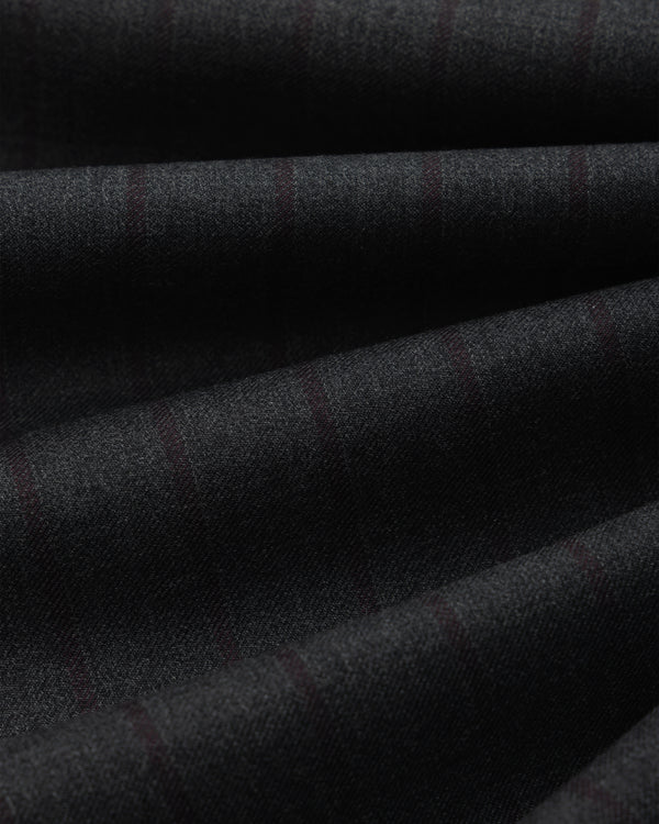 Dark grey Striped Double Pleated Suiting Trouser fabric with faint, thin vertical stripes folded in soft layers.