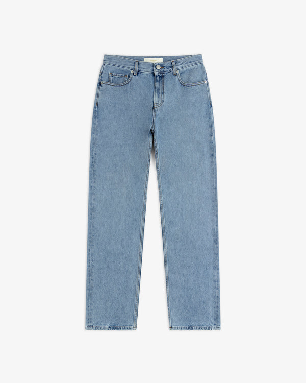 ALD Relaxed Fit Denim in light blue with a button fly and five-pocket styling.