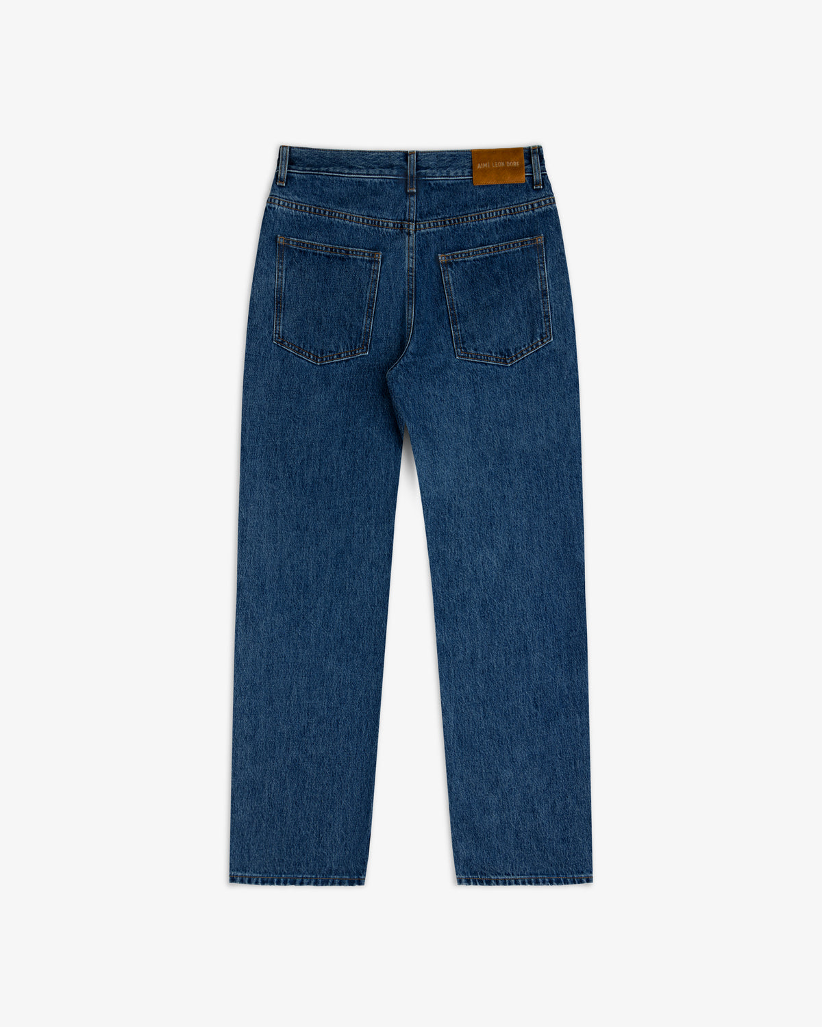 Back view of ALD Relaxed Fit Denim in dark wash with two back pockets and a leather waist patch.