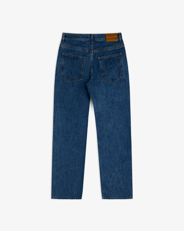 Back view of ALD Relaxed Fit Denim in dark wash with two back pockets and a leather waist patch.
