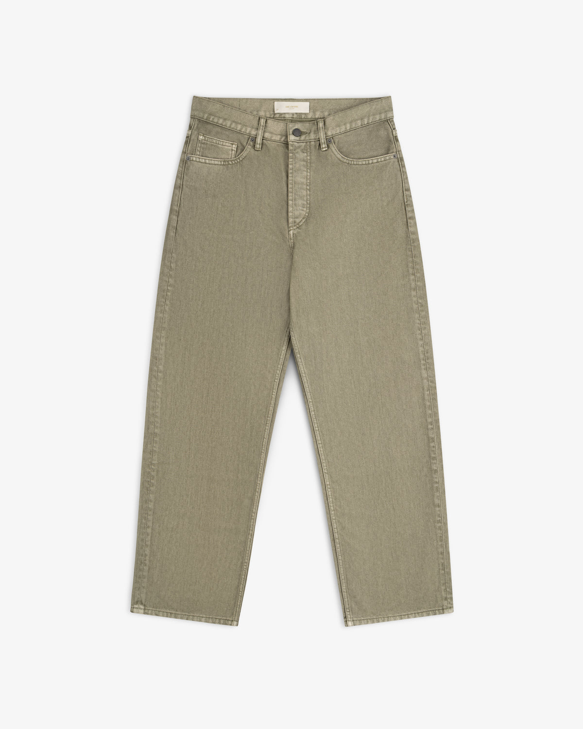Flocked Straight Fit Denim jeans in olive-green with a button fly.