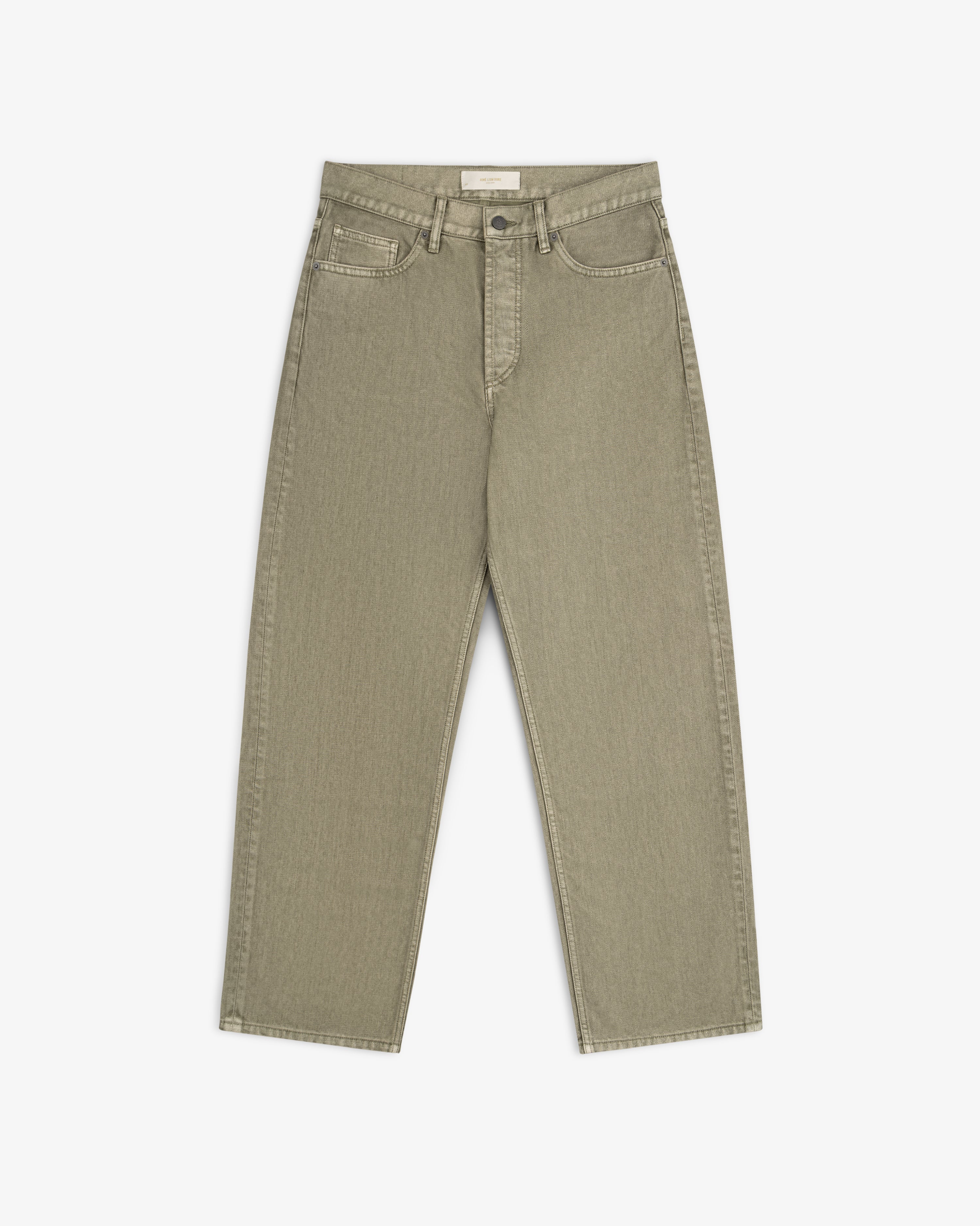 Flocked Straight Fit Denim jeans in olive-green with a button fly.