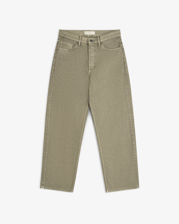 Flocked Straight Fit Denim jeans in olive-green with a button fly.