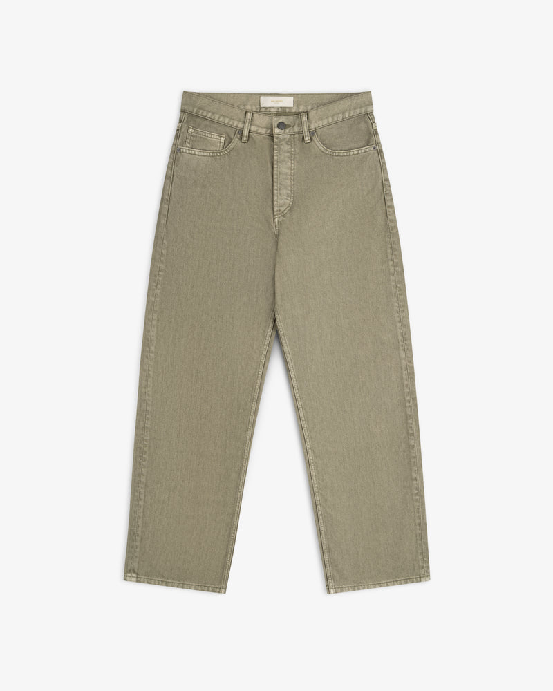 Flocked Straight Fit Denim jeans in olive-green with a button fly.